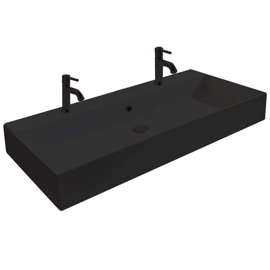 Wastafel 26 keramiek mat zwart 121cm 1x kom met 2x kraangat