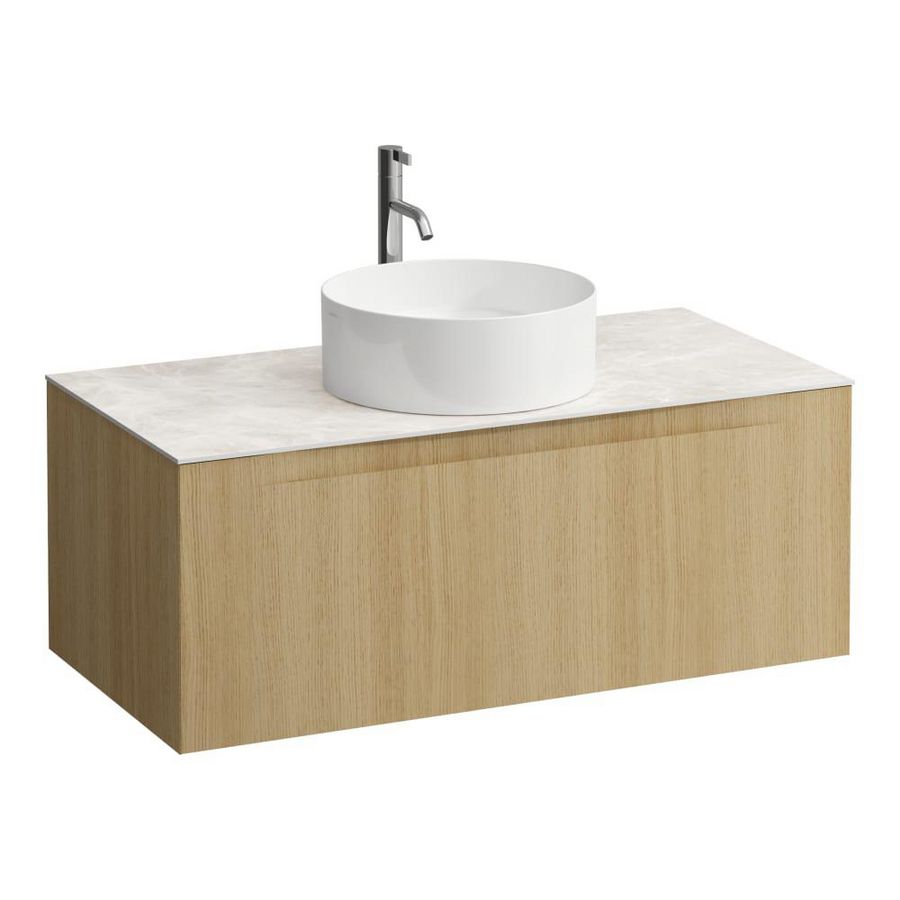 Wastafelonderkast ARUN 1000mm 1x la met gecentreerde uitsparing Botticino Crema top met kraangat Licht eiken