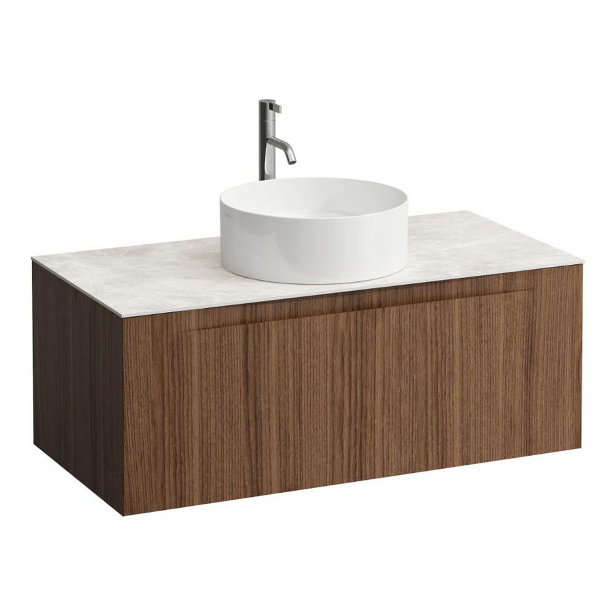 Wastafelonderkast ARUN 1000mm 1x la met gecentreerde uitsparing Botticino Crema top met kraangat Noce canaletto