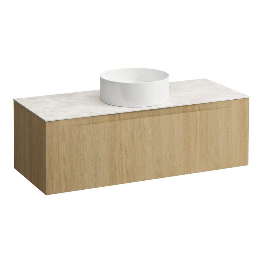 Wastafelonderkast ARUN 1200mm 1x la met gecentreerde uitsparing Botticino Crema top Licht eiken