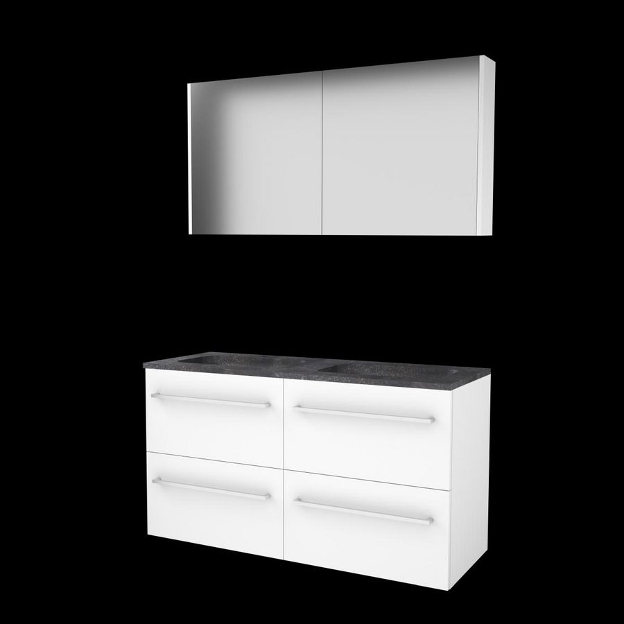Set COMFORT-46 onderkast 120cm Ice White (2x 60cm) grepen chroom 4x la hardstenen wastafel 2x kraangat spiegelkast (C46GR120H2IW)