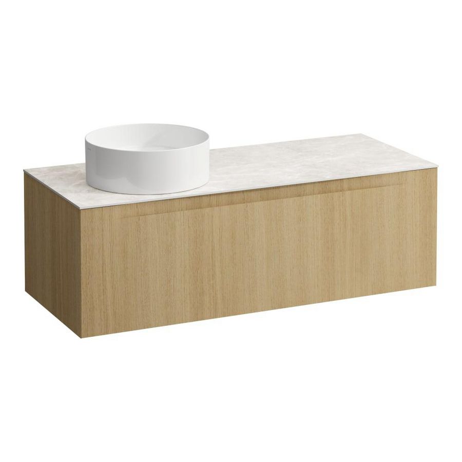 Wastafelonderkast ARUN 1200mm 1x la met uitsparing links Botticino Crema top Licht eiken