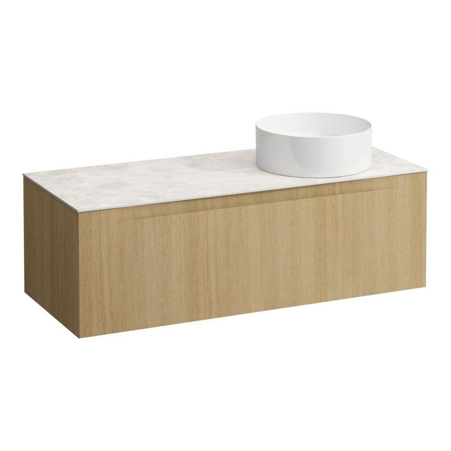 Wastafelonderkast ARUN 1200mm 1x la met uitsparing rechts Botticino Crema top Licht eiken