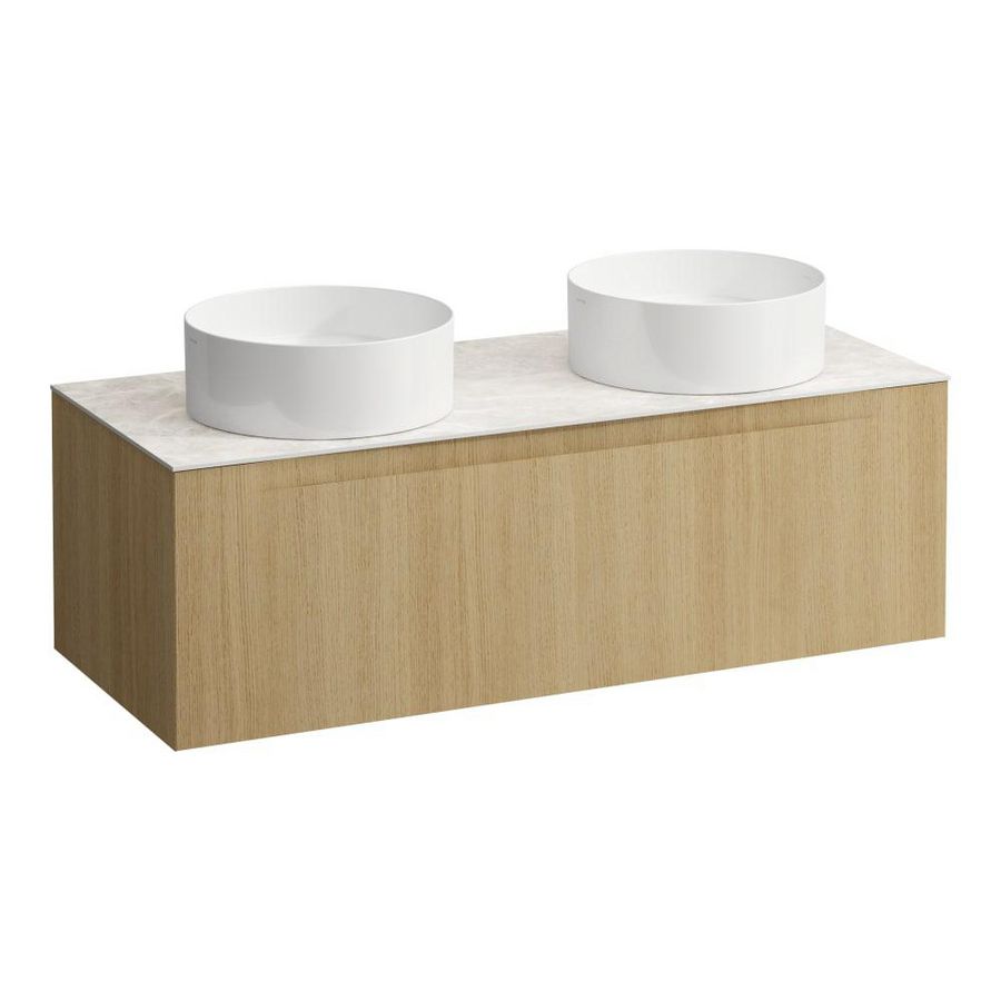 Wastafelonderkast ARUN 1200mm 1x la met uitsparing links + rechts Botticino Crema top Licht eiken