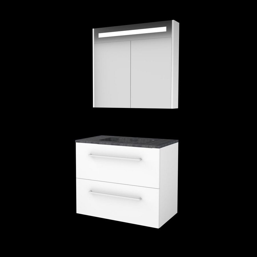 Set PREMIUM-46 onderkast ice white 80cm grepen chroom 2x la hardstenen wastafel 1x kraangat spiegelkast geïn. LED-verl. (P46GR80H1IW)