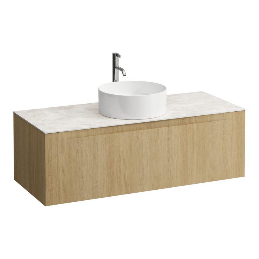Wastafelonderkast ARUN 1200mm 1x la met gecentreerde uitsparing Botticino Crema top met kraangat Licht eiken