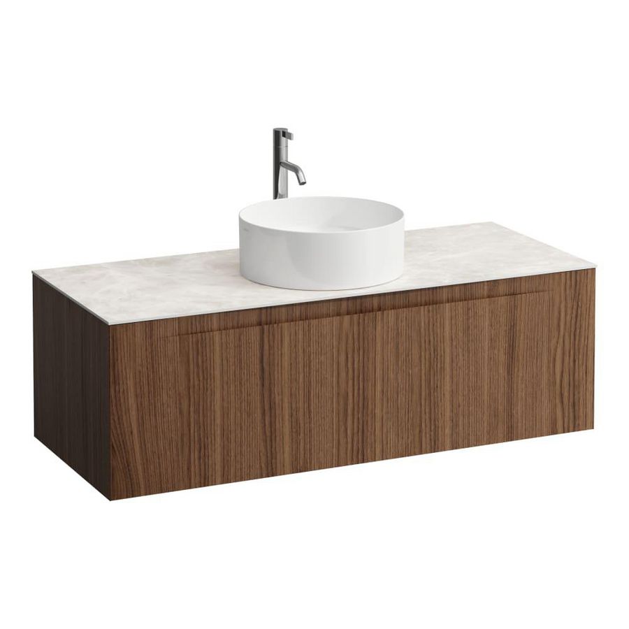 Wastafelonderkast ARUN 1200mm 1x la met gecentreerde uitsparing Botticino Crema top met kraangat Noce canaletto