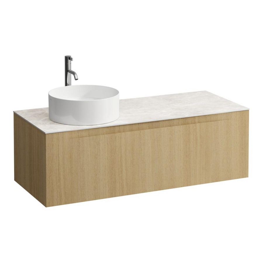 Wastafelonderkast ARUN 1200mm 1x la met uitsparing links Botticino Crema top met kraangat Licht eiken