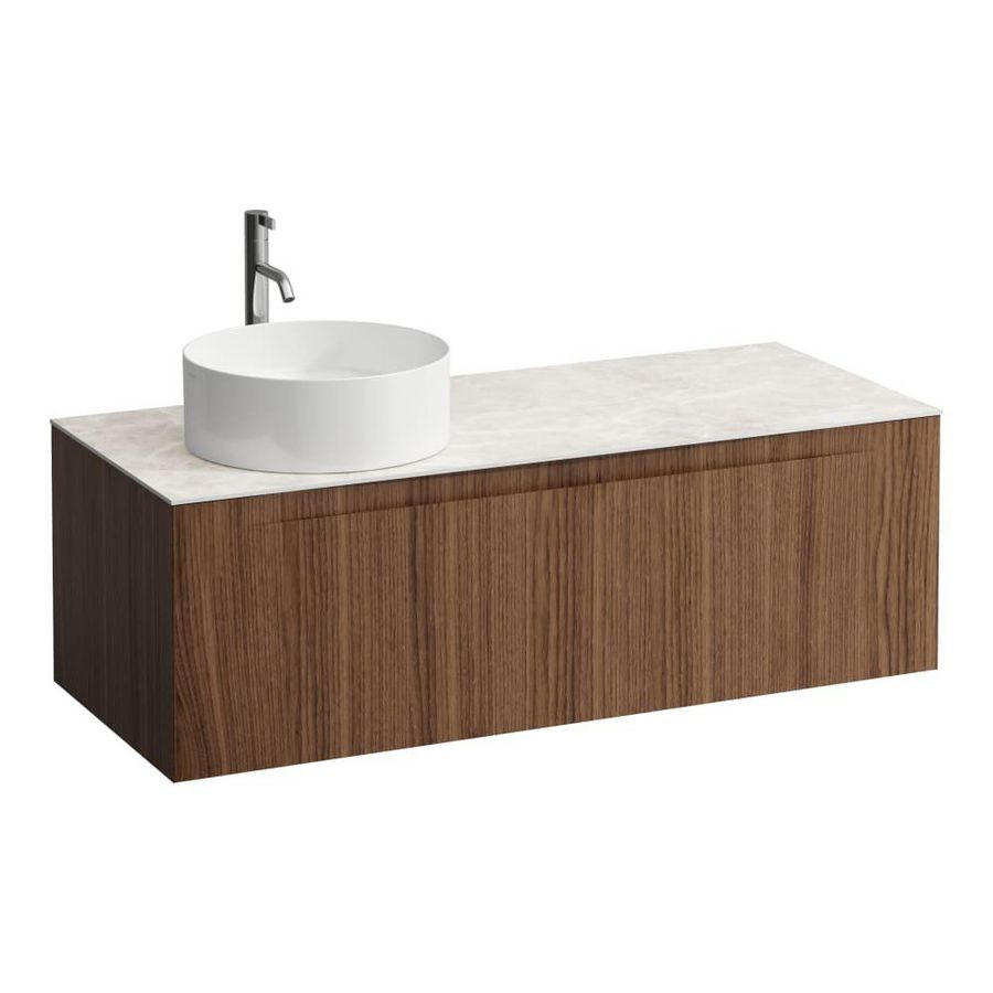 Wastafelonderkast ARUN 1200mm 1x la met uitsparing links Botticino Crema top met kraangat Noce canaletto