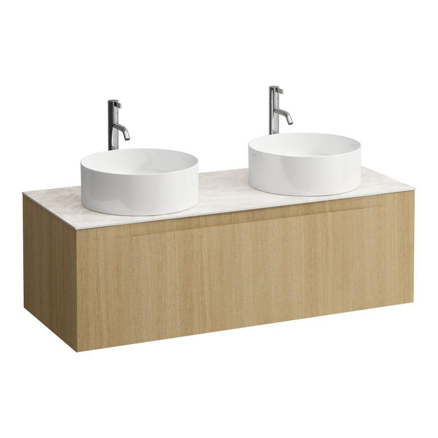 Wastafelonderkast ARUN 1200mm 1x la met uitsparing links + rechts Botticino Crema top met kraangat Licht eiken