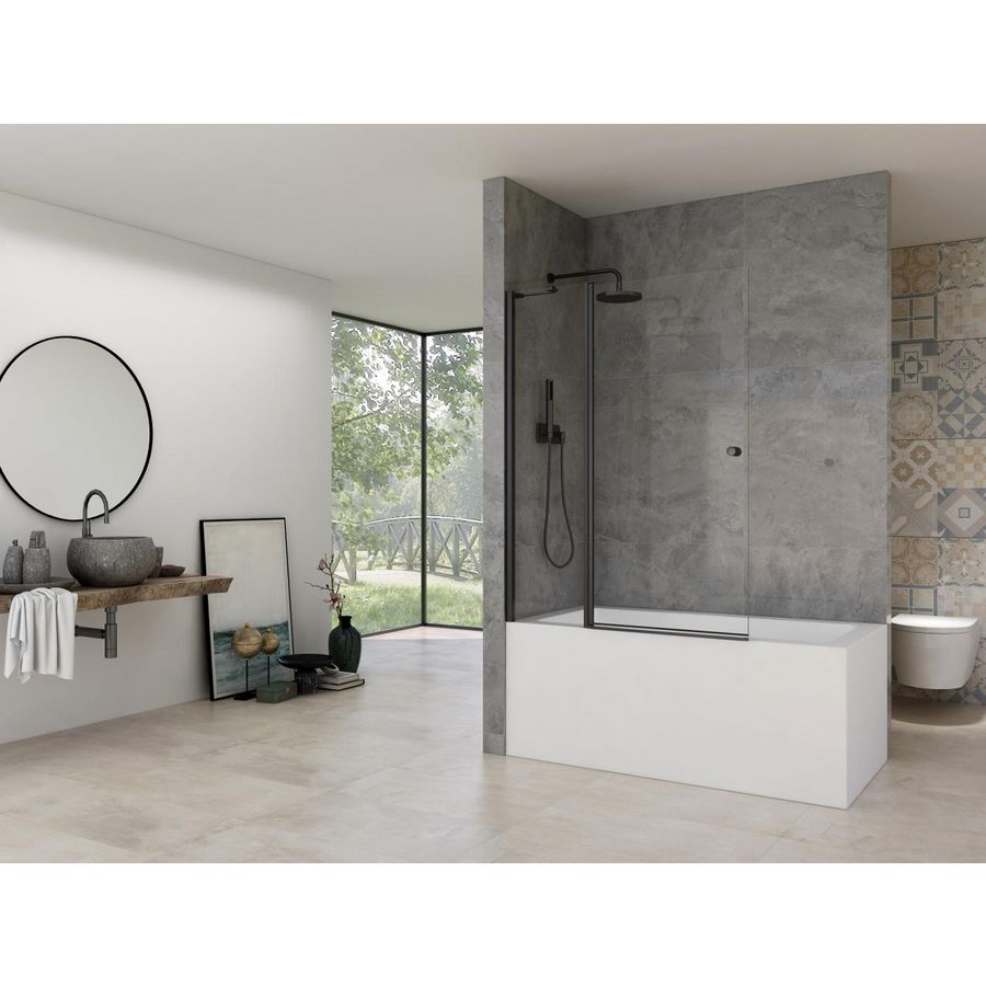 Badwand badklapwand 1170-1190x1500mm 6mm helder glas zwart muurprofiel stabilisatiestang