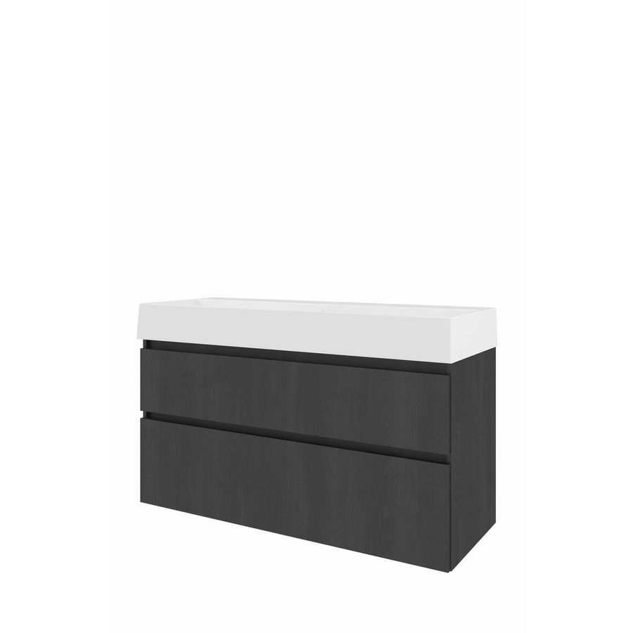 Set Proline porselein Loft enkele wastafel wit met 2 kraangaten onderkast asymmetrisch black oak 120x46cm