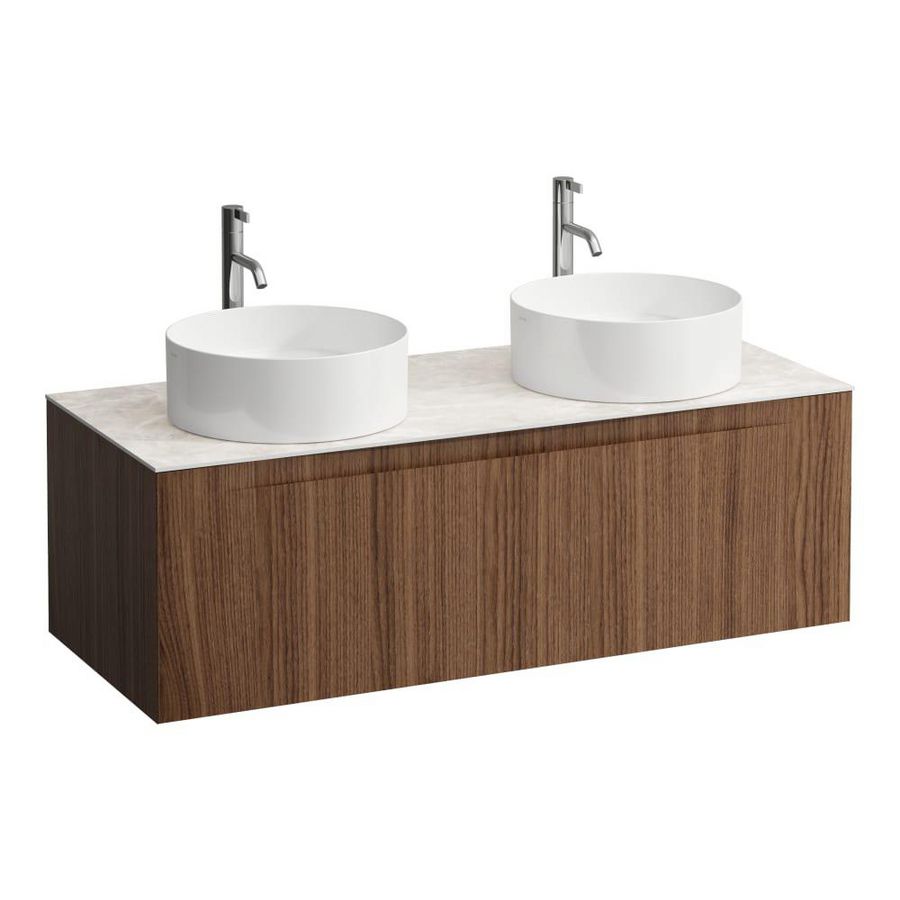 Wastafelonderkast ARUN 1200mm 1x la met uitsparing links + rechts Botticino Crema top met kraangat Noce canaletto