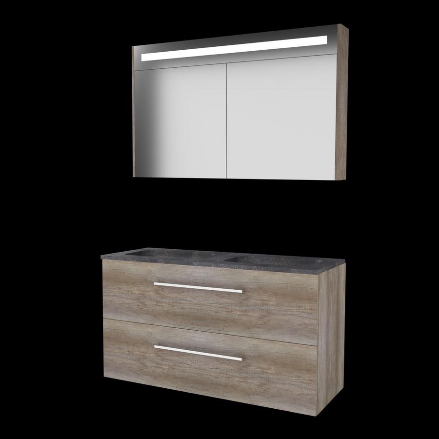 Set PREMIUM-46 onderkast scotch oak 120cm grepen chroom 2x la hardstenen wastafel z/ kraangat spiegelkast geïn. LED-verl. (P46GR1202H0SO)