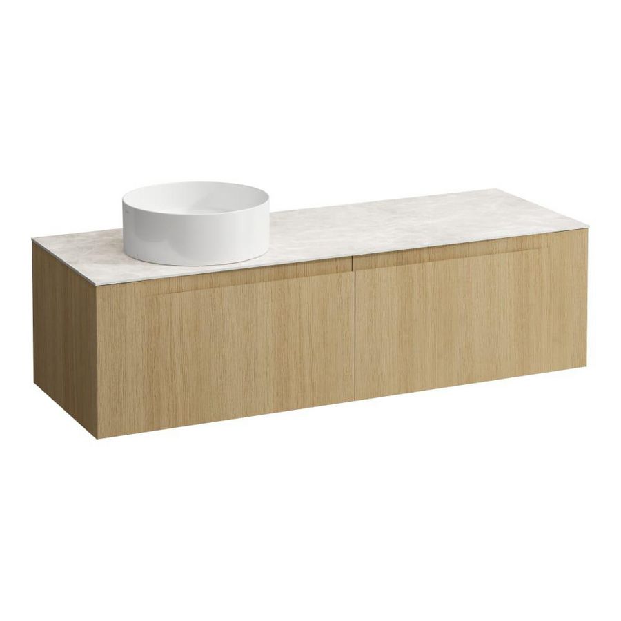 Wastafelonderkast ARUN 1400mm 2x la met uitsparing links Botticino Crema top Licht eiken