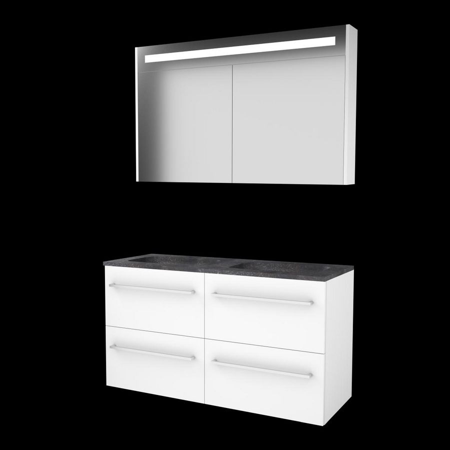 Set PREMIUM-46 onderkast ice white 120cm (2x 60cm) grepen chroom 4x la hardstenen wastafel 2x kraangat spiegelkast geïn. LED-verl. (P46GR120H2IW)