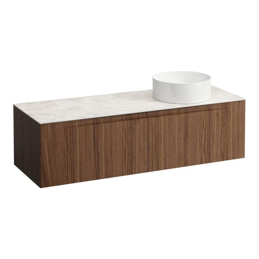 Wastafelonderkast ARUN 1400mm 2x la met uitsparing rechts Botticino Crema top Noce canaletto