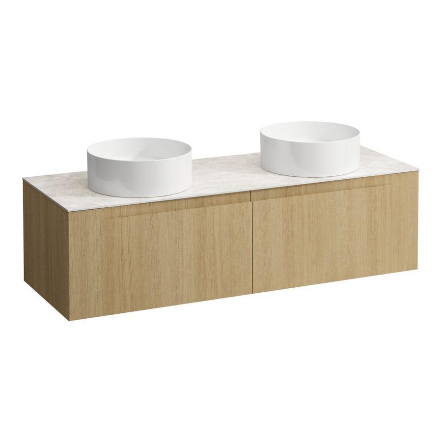 Wastafelonderkast ARUN 1400mm 2x la met uitsparing links + rechts Botticino Crema top Licht eiken