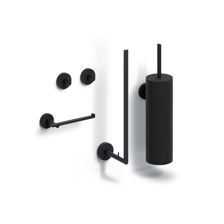 FLAT closetaccessoireset (closetrolhouder/borstelgarnituur/reserveclosetrolhouder/2x haak) mat zwart