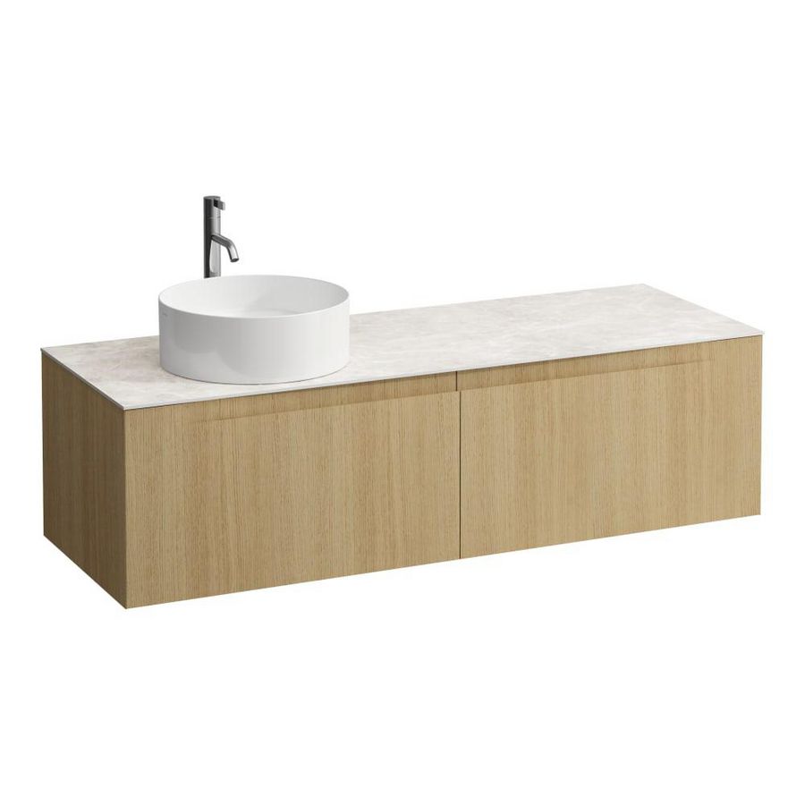 Wastafelonderkast ARUN 1400mm 2x la met uitsparing links Botticino Crema top met kraangat Licht eiken