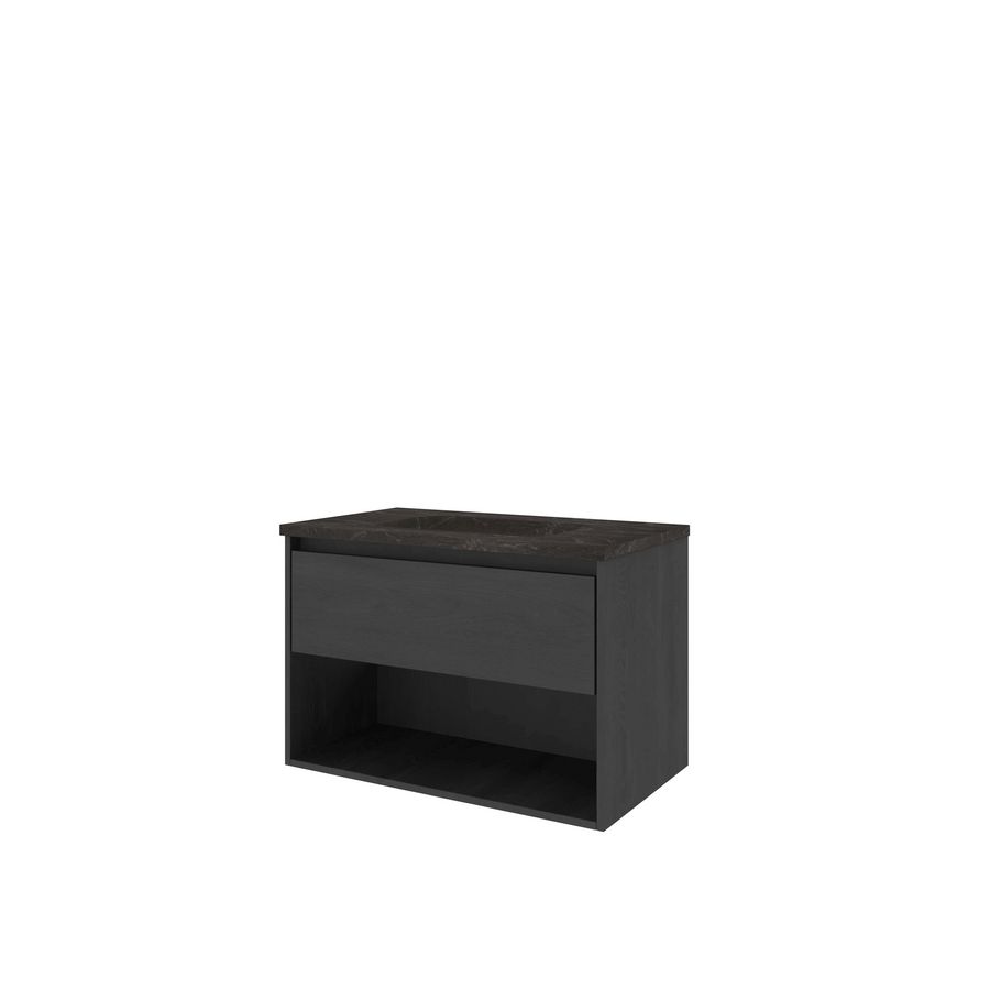 Set Proline hardsteen Elegant wastafel zonder kraangat onderkast 1x lade+schap black oak 80x46cm