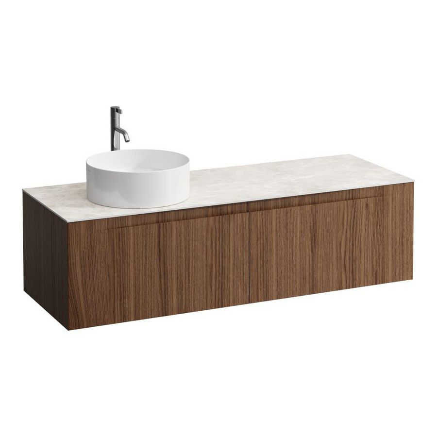 Wastafelonderkast ARUN 1400mm 2x la met uitsparing links Botticino Crema top met kraangat Noce canaletto