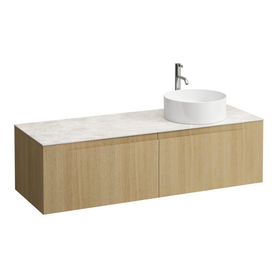 Wastafelonderkast ARUN 1400mm 2x la met uitsparing rechts Botticino Crema top met kraangat Licht eiken