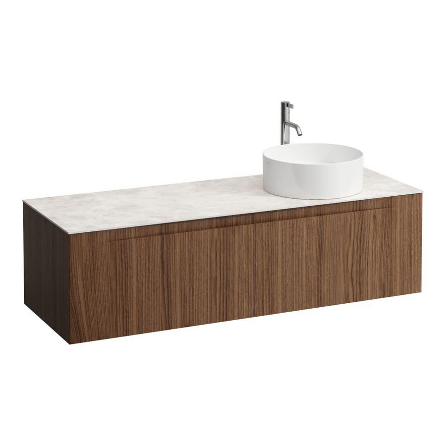 Wastafelonderkast ARUN 1400mm 2x la met uitsparing rechts Botticino Crema top met kraangat Noce canaletto