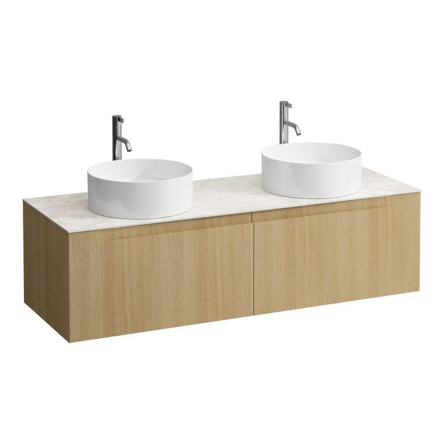 Wastafelonderkast ARUN 1400mm 2x la met uitsparing links + rechts Botticino Crema top met kraangat Licht eiken