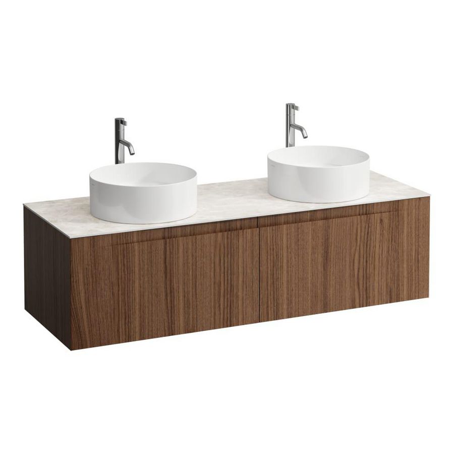 Wastafelonderkast ARUN 1400mm 2x la met uitsparing links + rechts Botticino Crema top met kraangat Noce canaletto