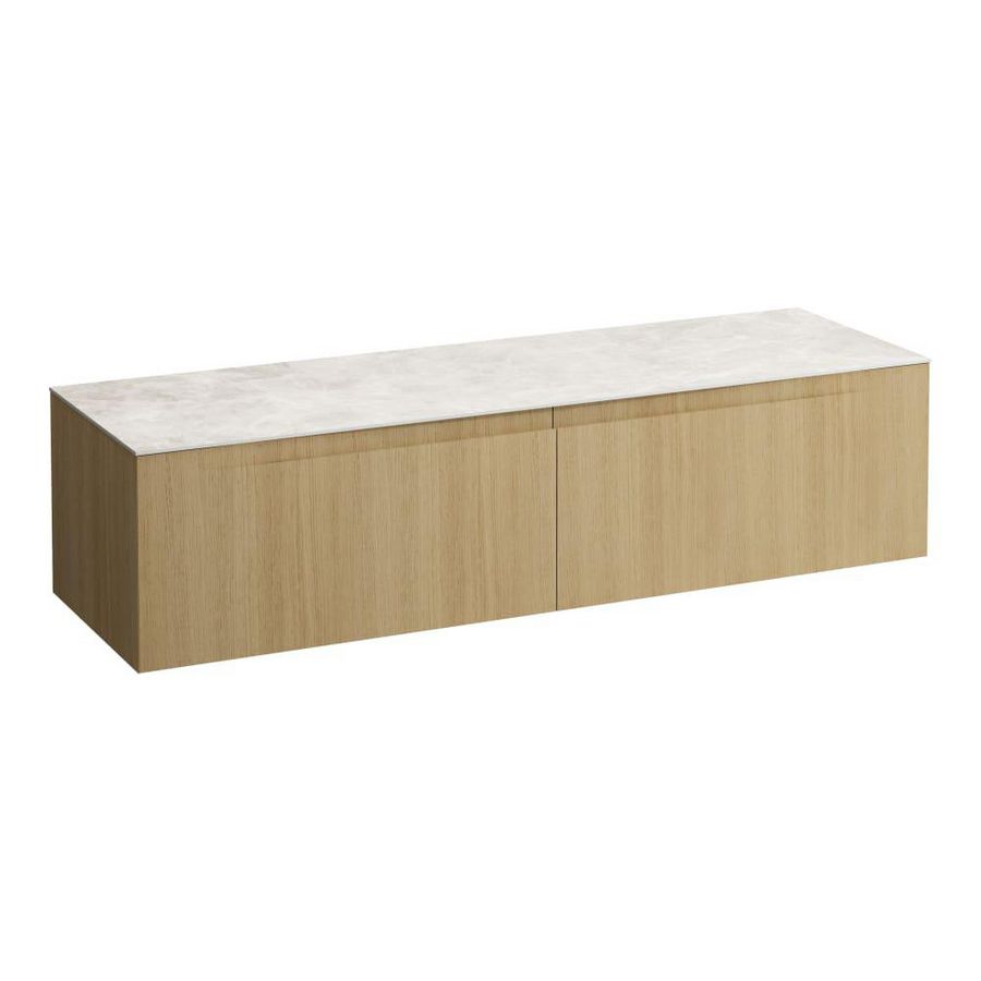 Wastafelonderkast ARUN 1600mm 2x la zonder uitsparingen Botticino Crema top Licht eiken