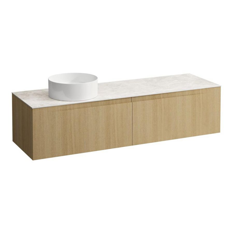 Wastafelonderkast ARUN 1600mm 2x la met uitsparing links Botticino Crema top Licht eiken