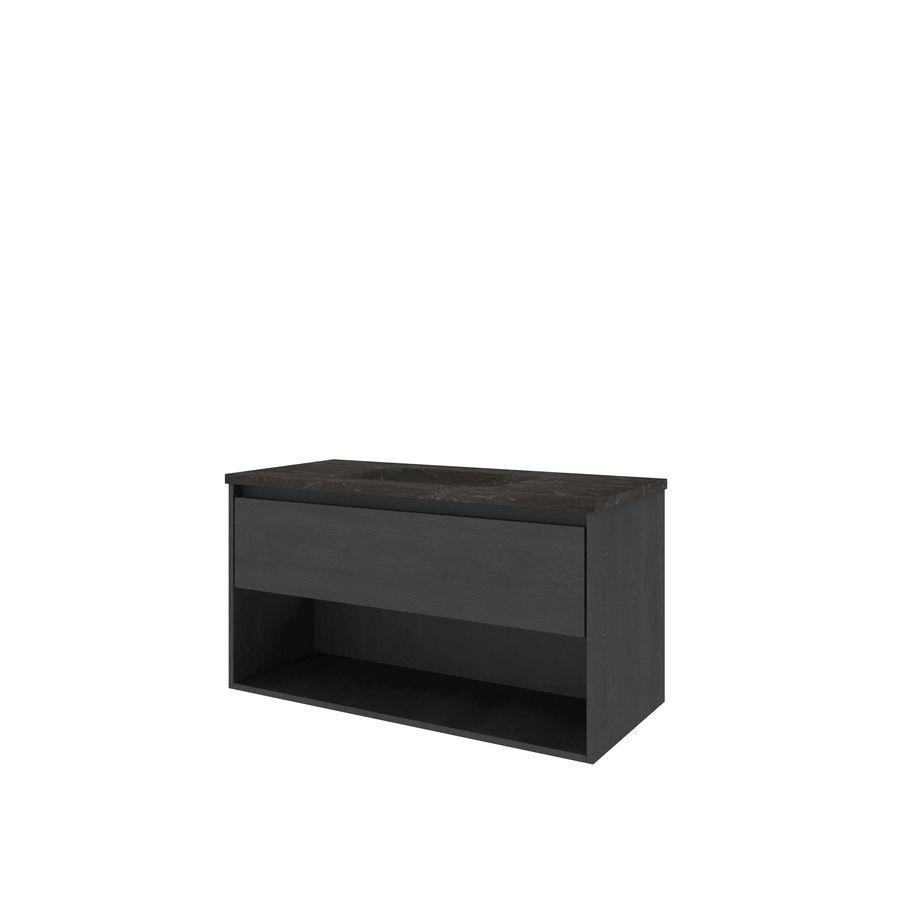 Set Proline hardsteen Elegant wastafel zonder kraangat onderkast 1x lade+schap black oak 100x46cm