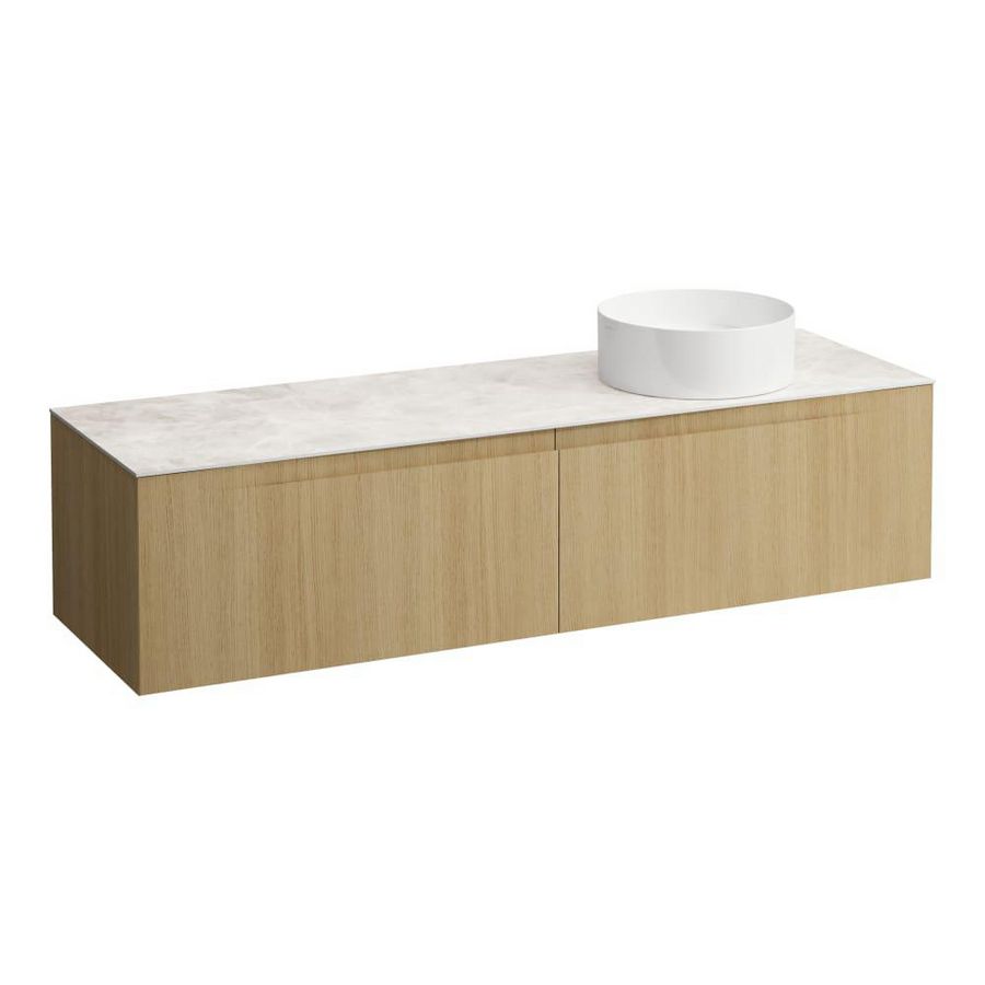 Wastafelonderkast ARUN 1600mm 2x la met uitsparing rechts Botticino Crema top Licht eiken
