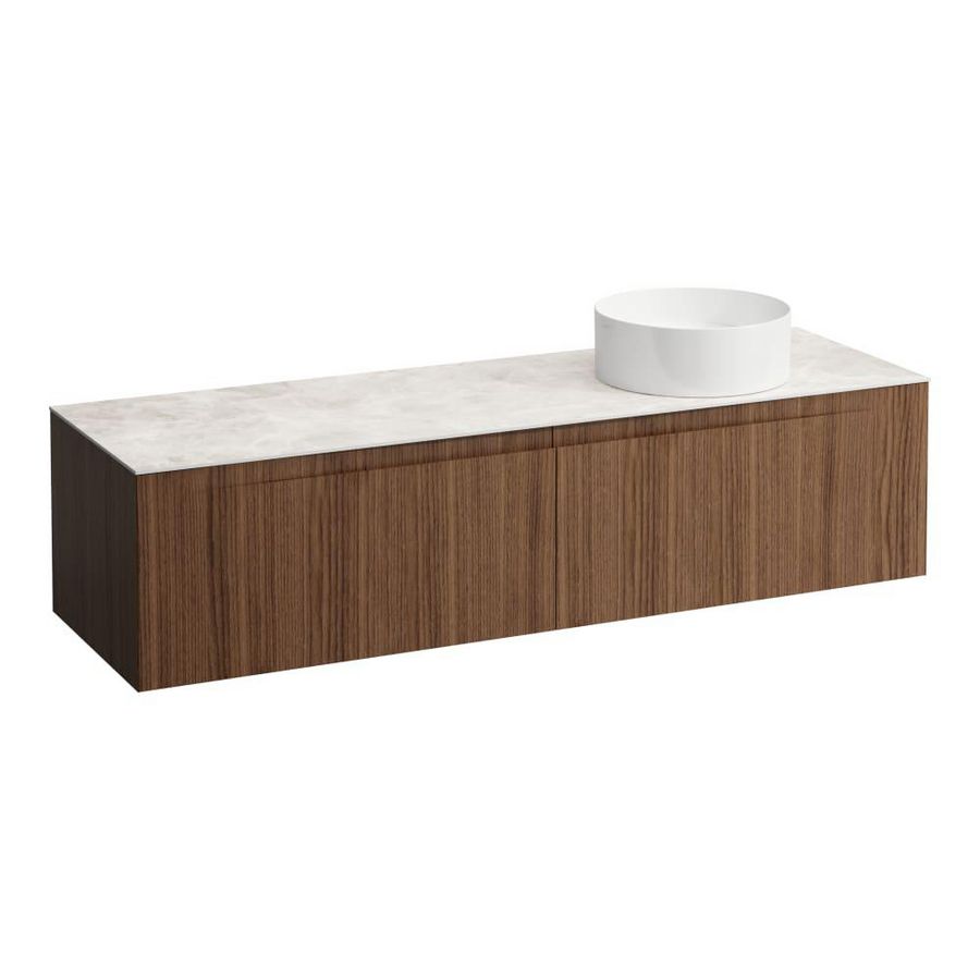 Wastafelonderkast ARUN 1600mm 2x la met uitsparing rechts Botticino Crema top Noce canaletto
