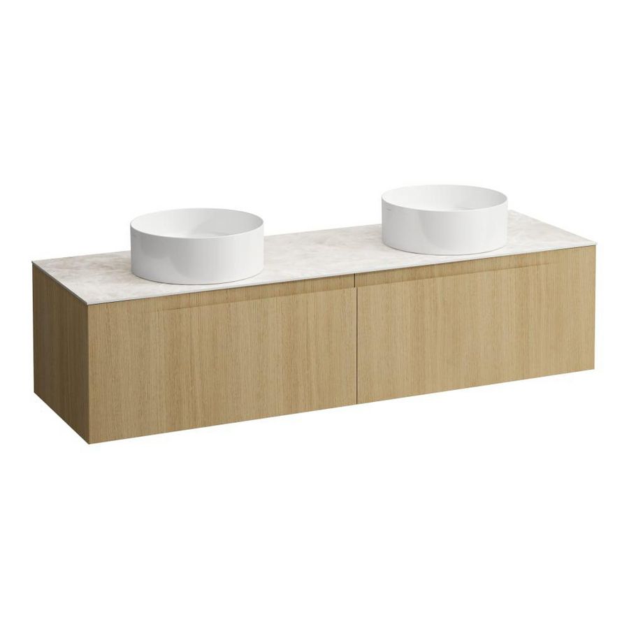 Wastafelonderkast ARUN 1600mm 2x la met uitsparing links + rechts Botticino Crema top Licht eiken