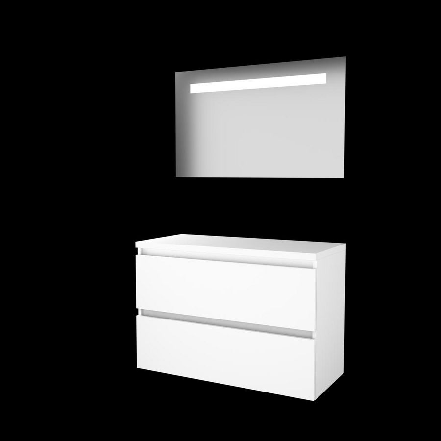 Set ECONOMIC-46 onderkast ice white 100cm greeploos 2x la tbv opbouwkom spiegel geïn. LED-verl. excl. afdekplaat (E46GL100TIW)