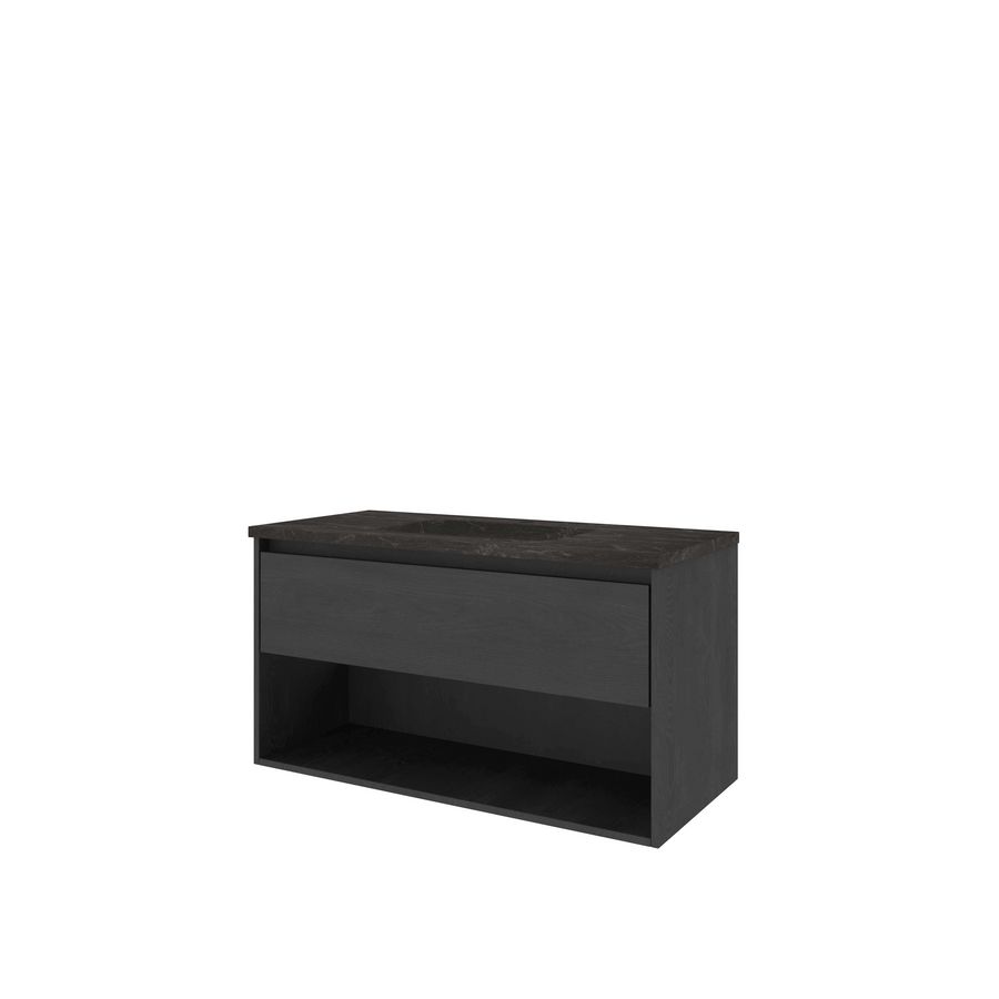 Set Proline hardsteen Elegant wastafel met 1 kraangat onderkast 1x lade+schap black oak 100x46cm