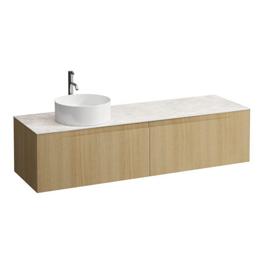 Wastafelonderkast ARUN 1600mm 2x la met uitsparing links Botticino Crema top met kraangat Licht eiken