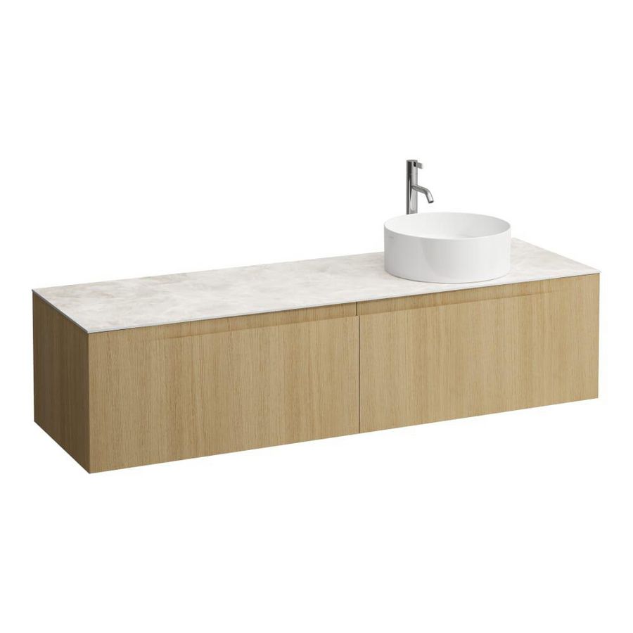 Wastafelonderkast ARUN 1600mm 2x la met uitsparing rechts Botticino Crema top met kraangat Licht eiken