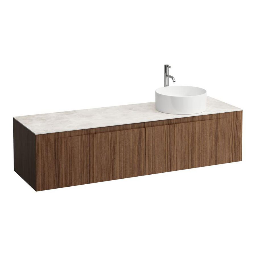 Wastafelonderkast ARUN 1600mm 2x la met uitsparing rechts Botticino Crema top met kraangat Noce canaletto