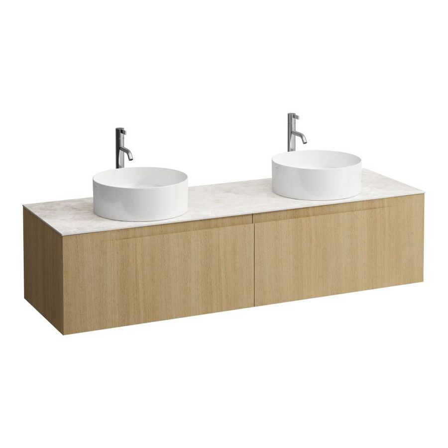 Wastafelonderkast ARUN 1600mm 2x la met uitsparing links + rechts Botticino Crema top met kraangat Licht eiken