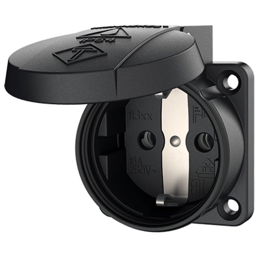 Inbouwwandcontactdoos 16A 2P+A 230V IP54 SCHUKO zwart