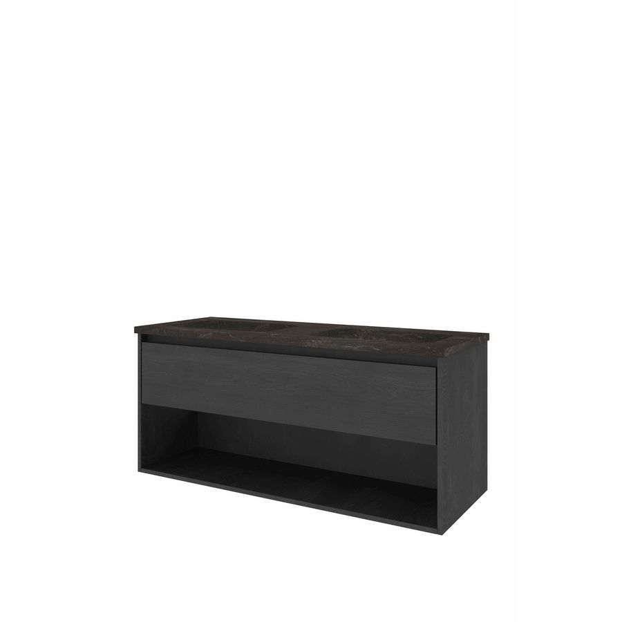 Set Proline hardsteen Elegant dubb. wastafel zonder kraangat onderkast 1x lade+schap black oak 120x46cm