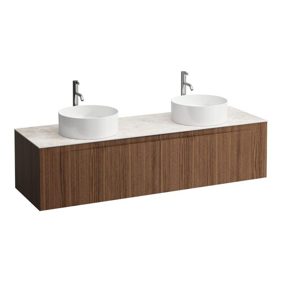 Wastafelonderkast ARUN 1600mm 2x la met uitsparing links + rechts Botticino Crema top met kraangat Noce canaletto