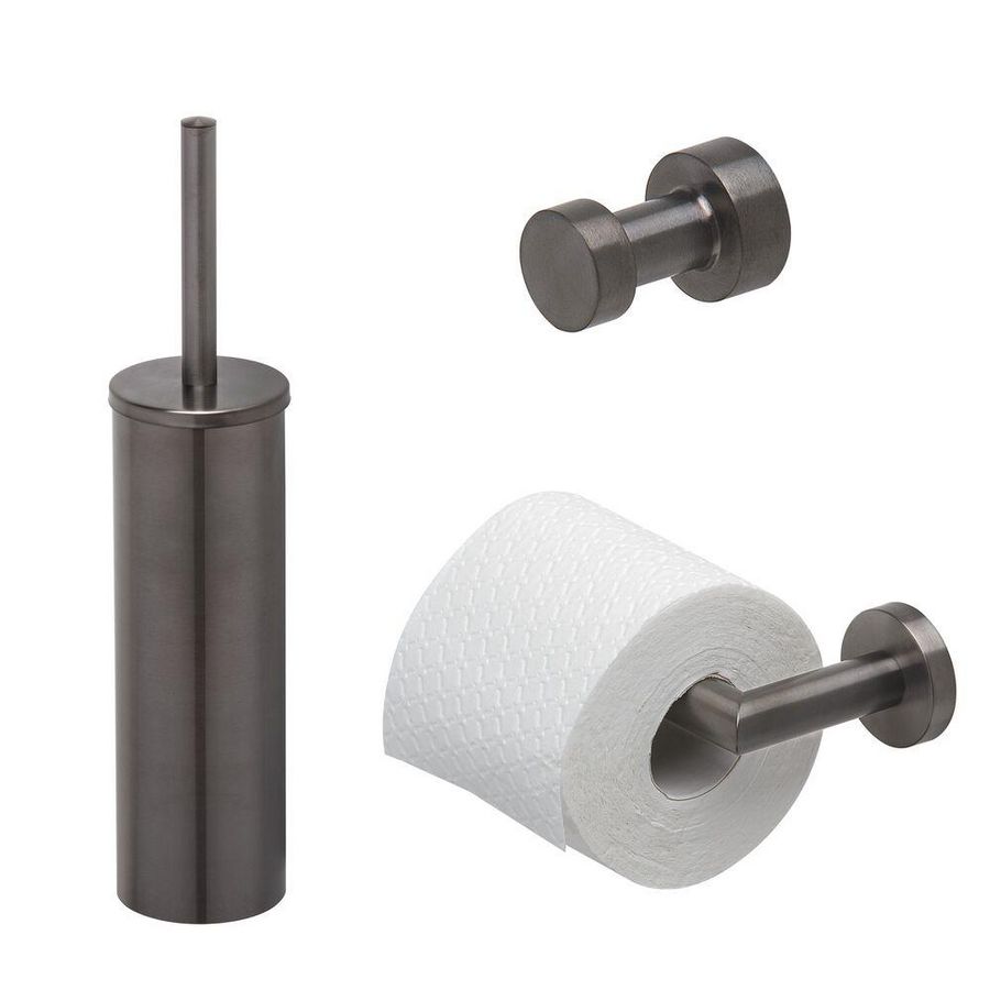 Closetaccessoireset Nemox zwart metaal geborsteld (rolhouder/borstelgarnituur/haak)