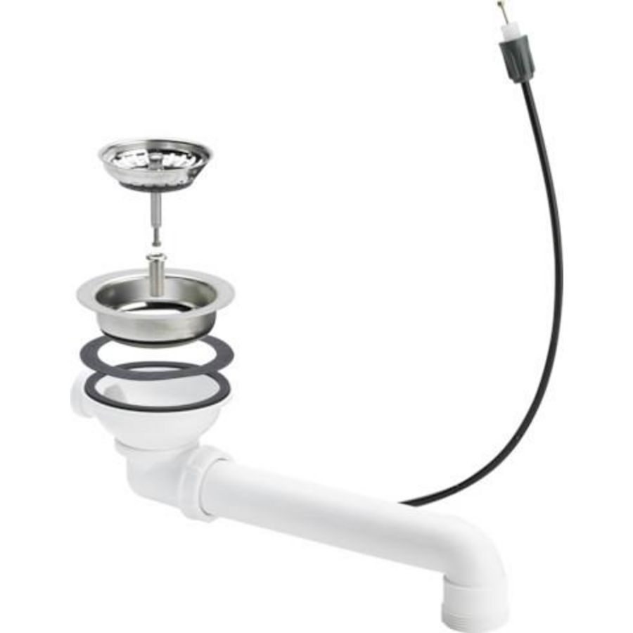 Spoelbakafvoerplug 1.1/2" met bedienkabel tbv Ø90mm afvoeropening incl. zeefkorf+afvoerbocht