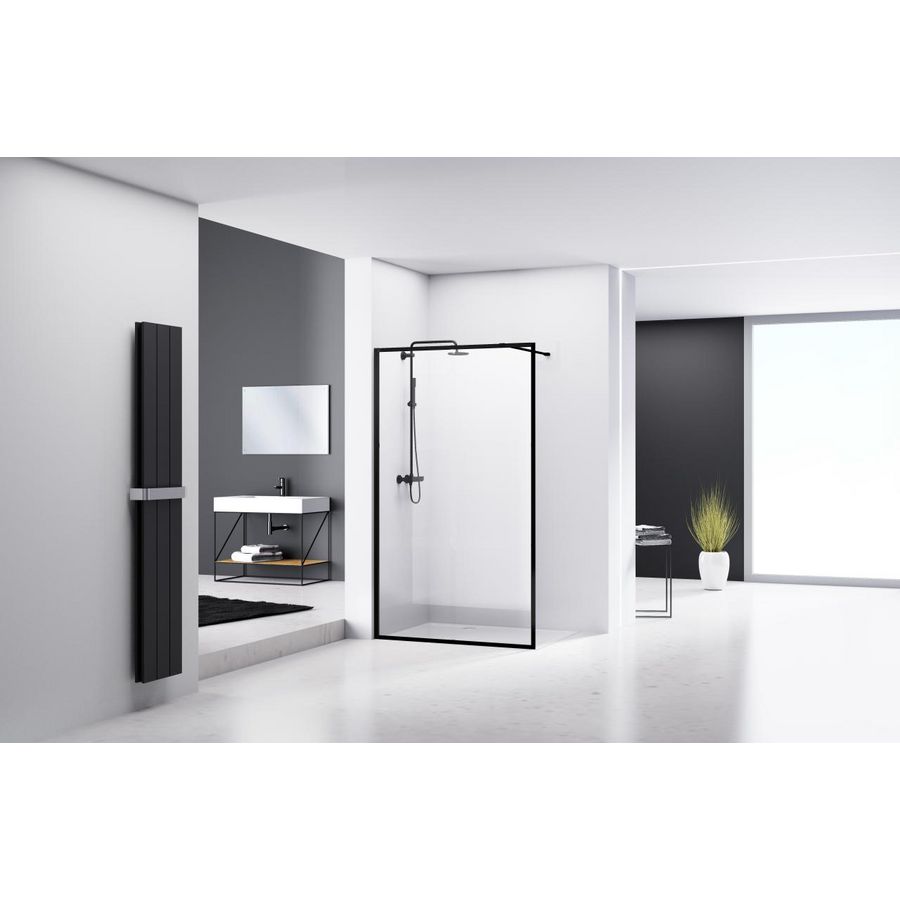 Inloopdouche vaste wand 970-990x2000mm 8mm helder glas zwart muurprofiel stabilisatiestang omkaderd