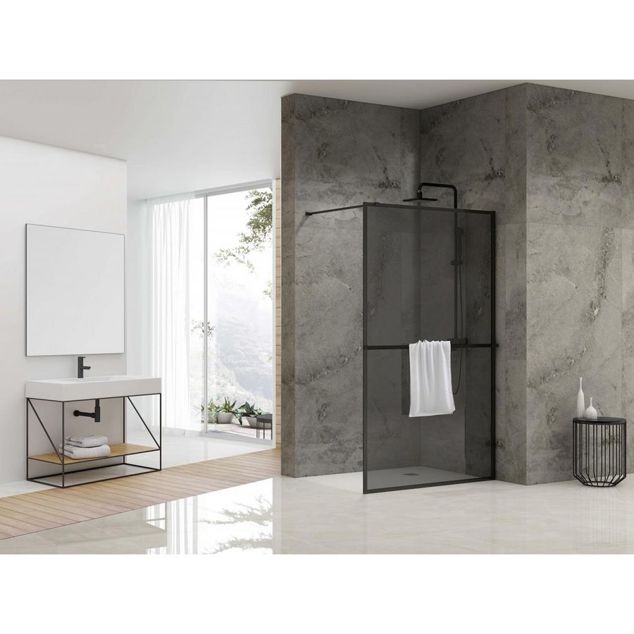Inloopdouche vaste wand 1190-1200x2000mm 8mm grijs rookglas zwart muurprofiel stabilisatiestang omkaderd handdoekstang