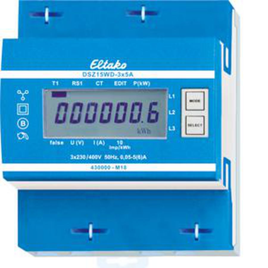 3-fase DIN-rail kWh meter voor max. 3x5A, met MID/geijkt.